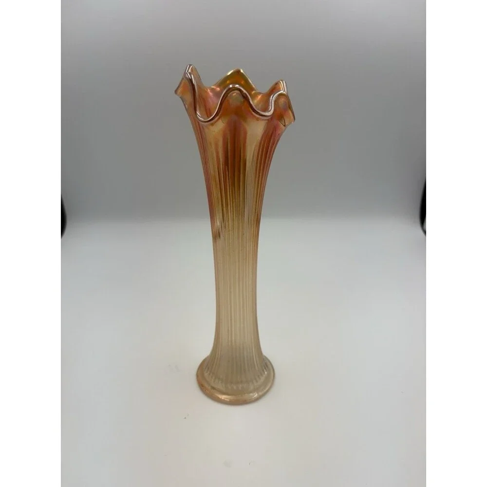 Vtg Marigold Carnival Glass Swung Tall Vase Wide Mouth Ribbed Ombre 10”